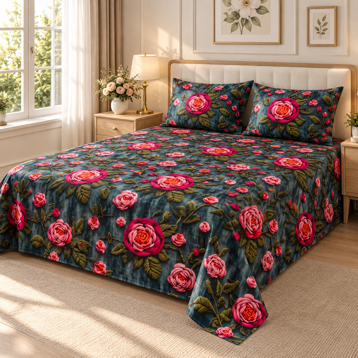 Multi-blue-pink- King - 7D Design Flat Bedsheet (78×72 inches)