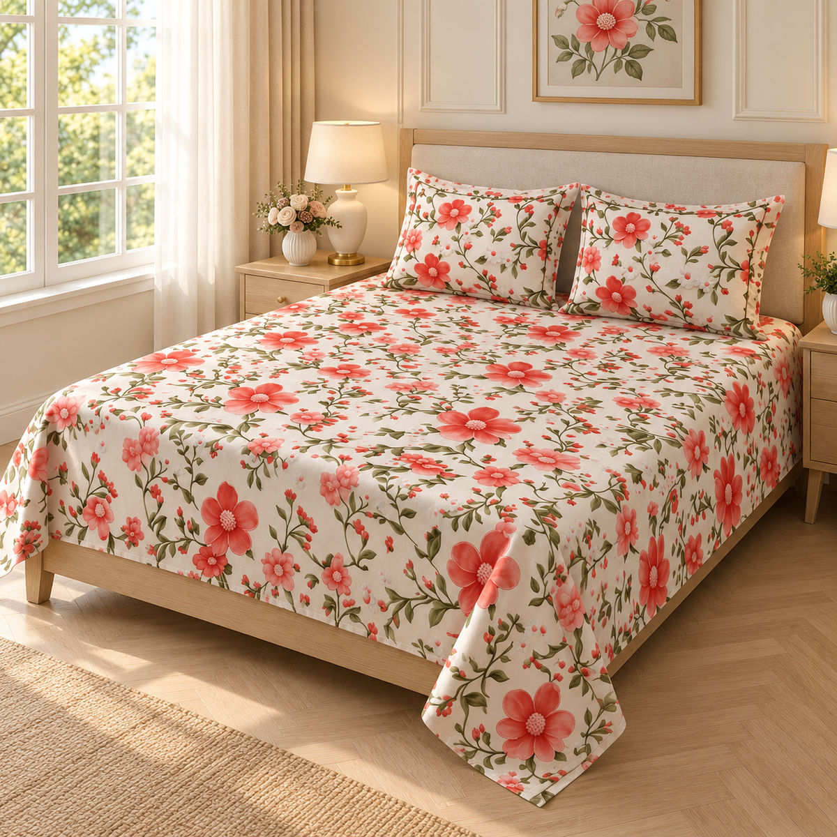Multicolor-Red Rose King - 7D Design Flat Bedsheet (78×72 inches)