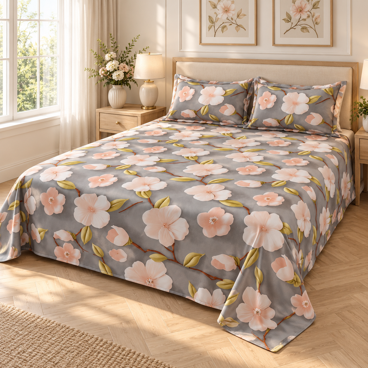 Multicolor-Grey Flora - King - 7D Design Fitted Bedsheet (78×72 inches)