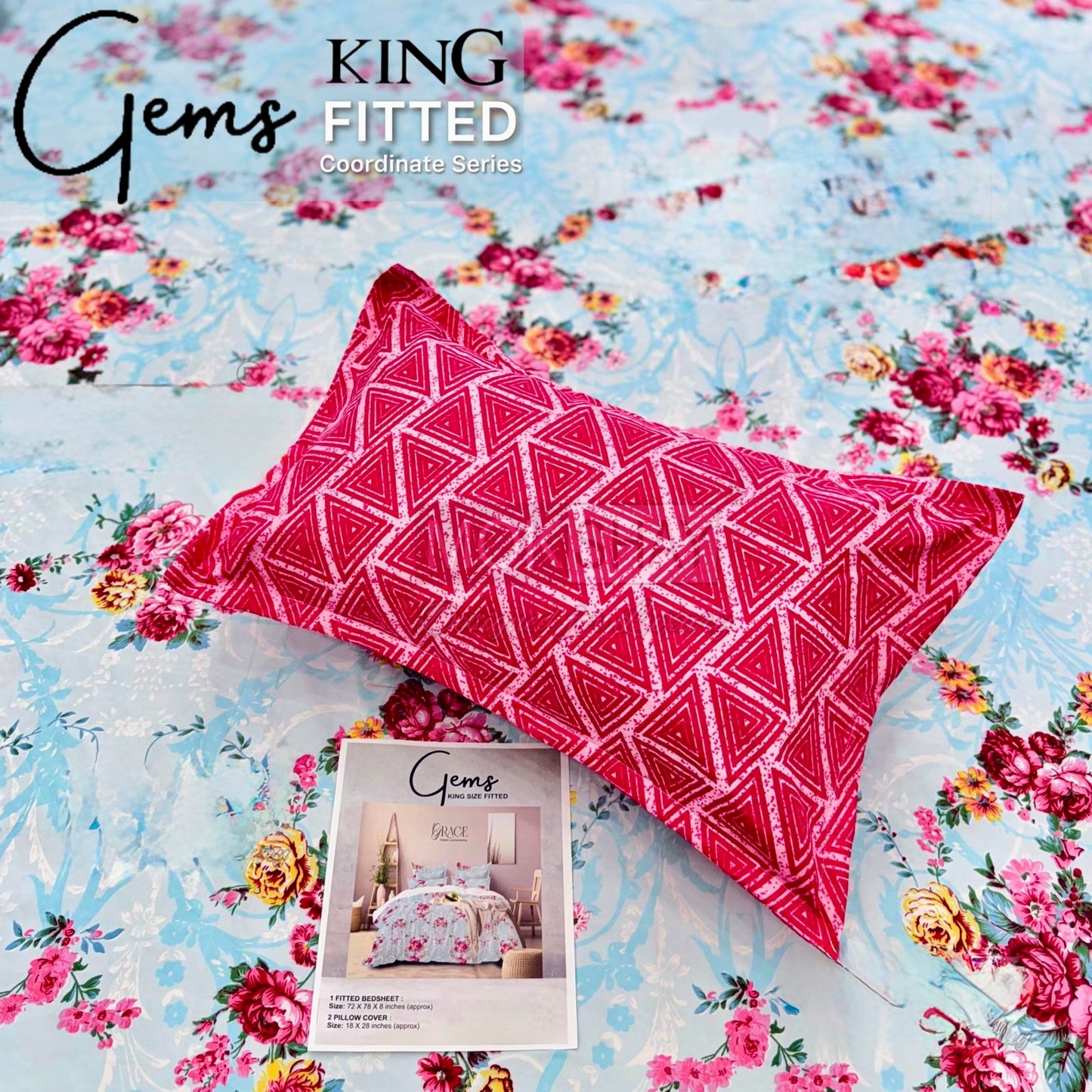GEMS KING FITTED – 3PCS KING FITTED BEDSHEET SET (1+2)