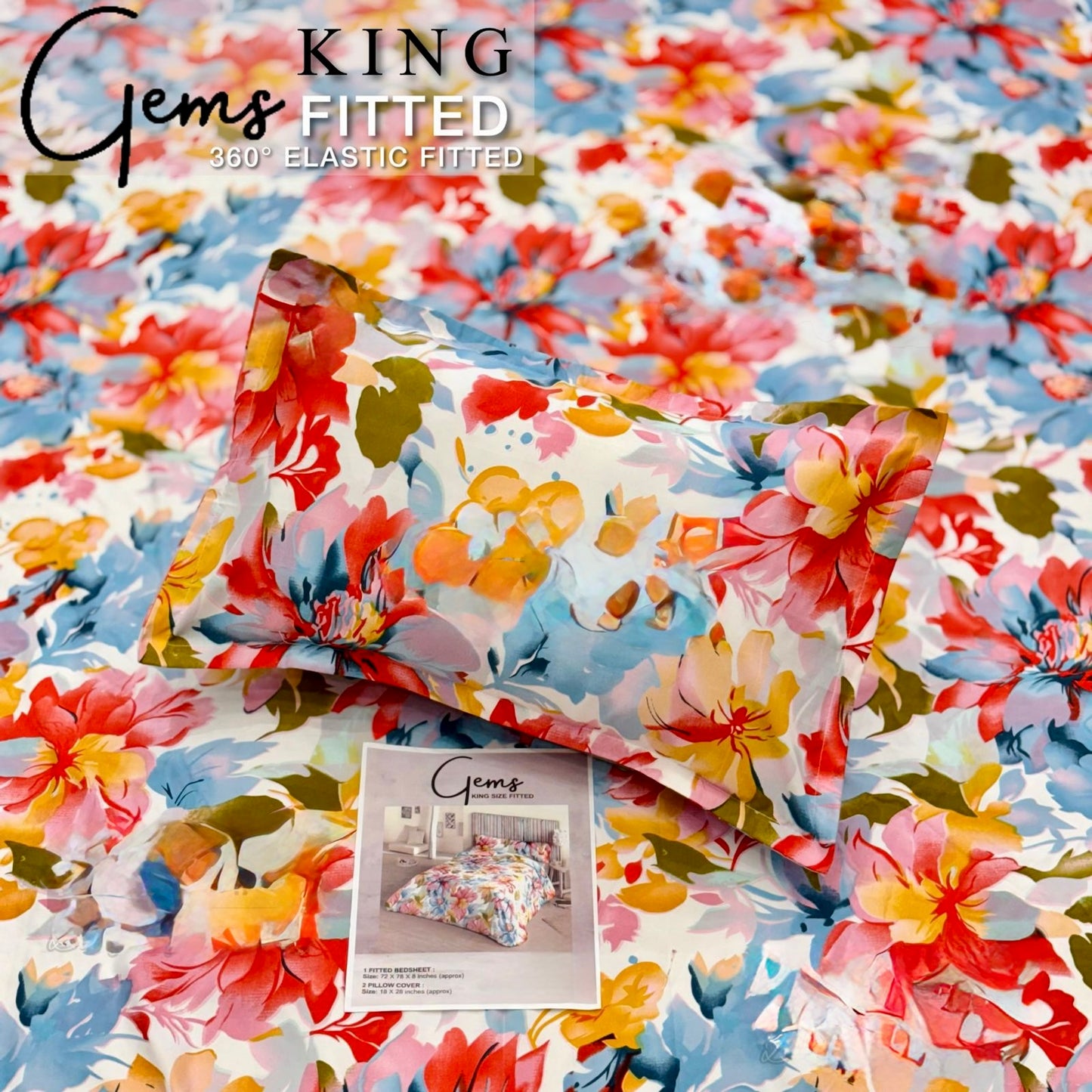 GEMS KING FITTED – 3PCS KING FITTED BEDSHEET SET (1+2)