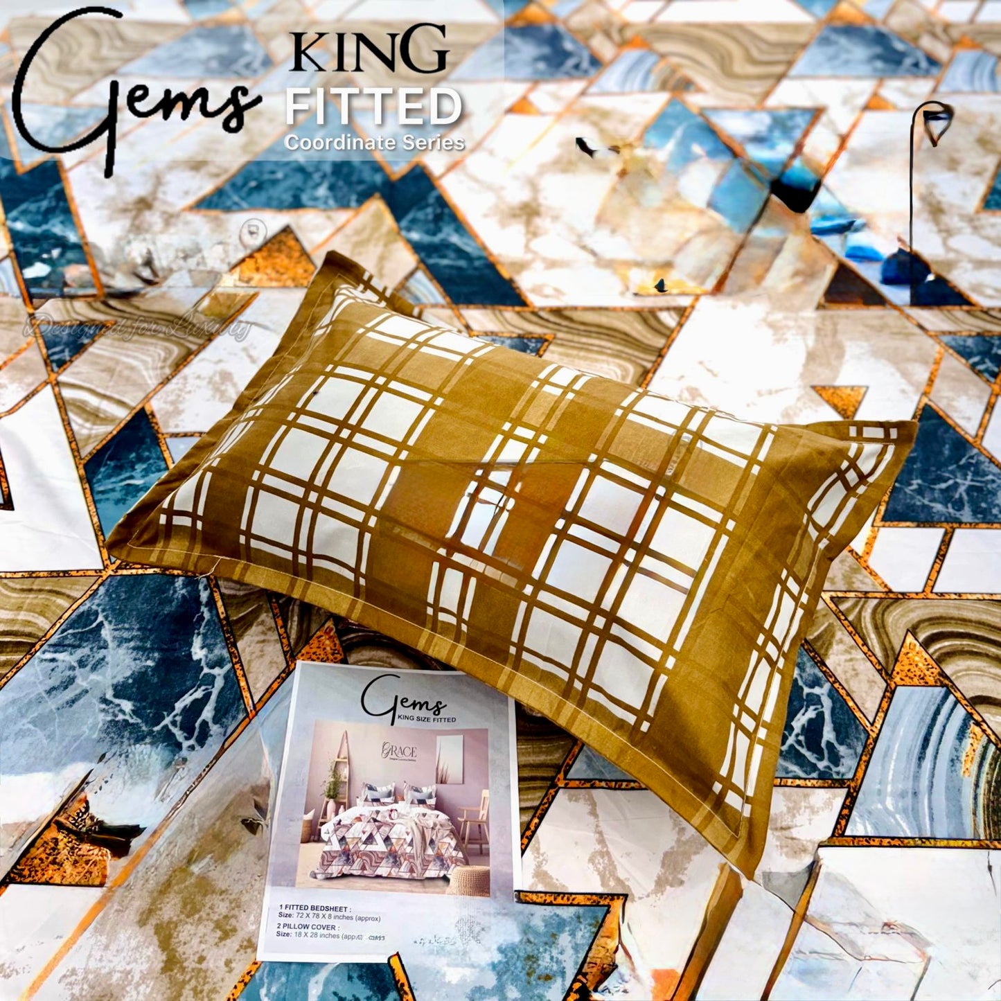 GEMS KING FITTED – 3PCS KING FITTED BEDSHEET SET (1+2)