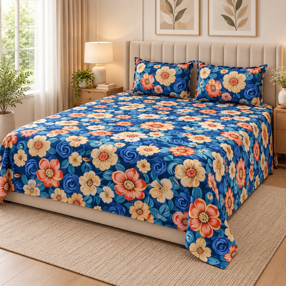Multicolor Sky Blue - King - 7D Design Flat Bedsheet (78×72 inches)