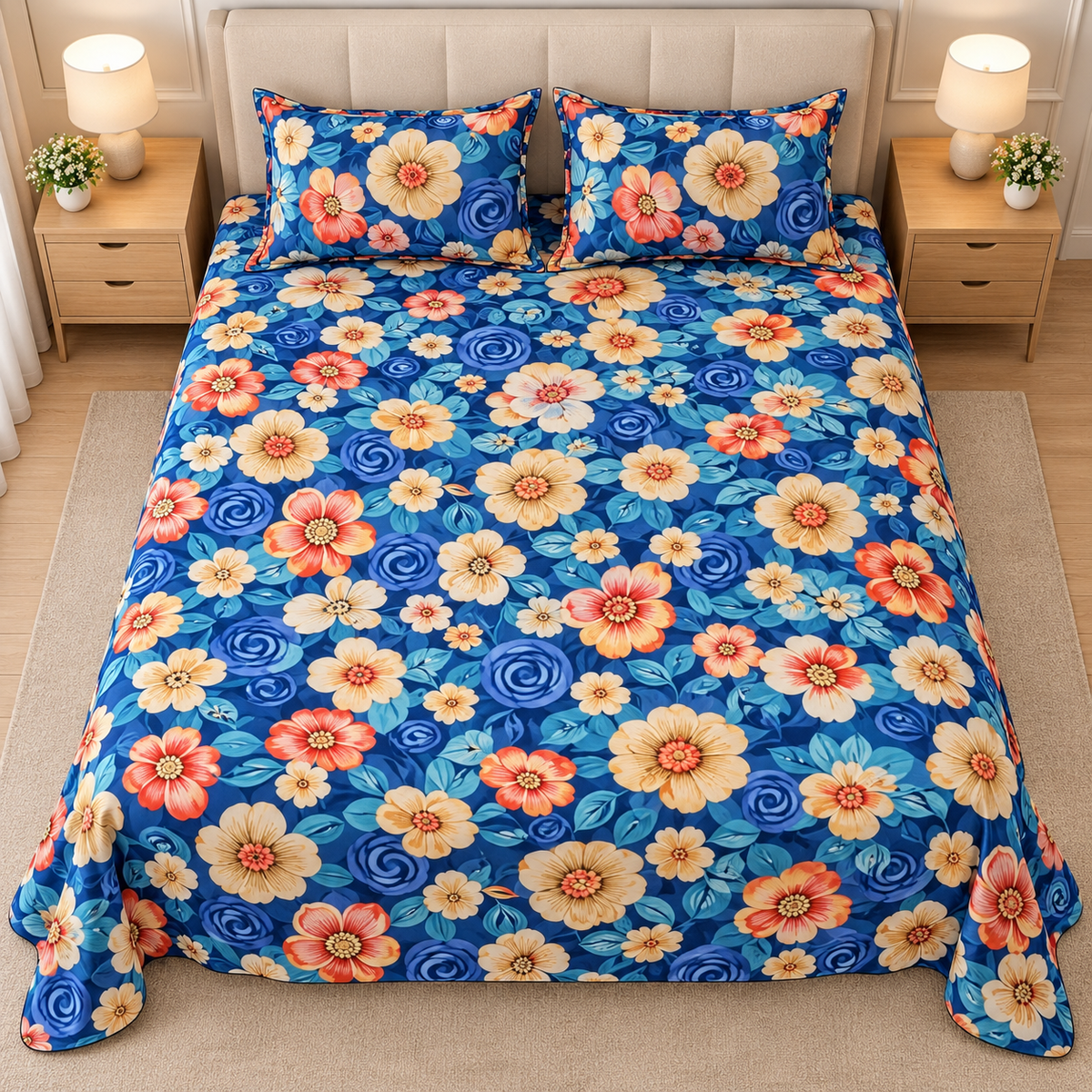 Multicolor Sky Blue - King - 7D Design Flat Bedsheet (78×72 inches)