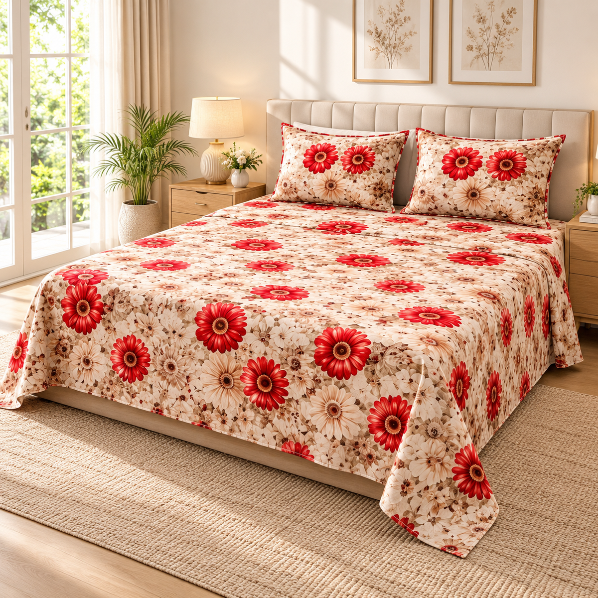 Multicolor Red - King - 7D Design Fitted Bedsheet (78×72 inches)