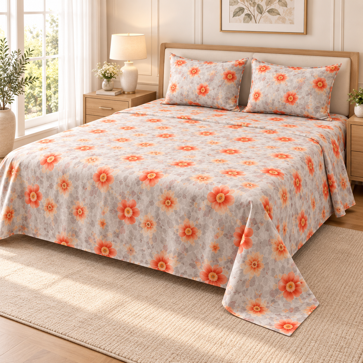 Multicolor Grey-Red - King - 7D Design Flat Bedsheet (78×72 inches)