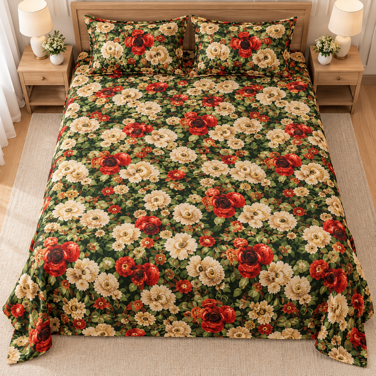 Multicolor Dark-Green - King - 7D Design Flat Bedsheet (78×72 inches)