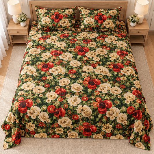 Multicolor Dark-Green - King - 7D Design Flat Bedsheet (78×72 inches)