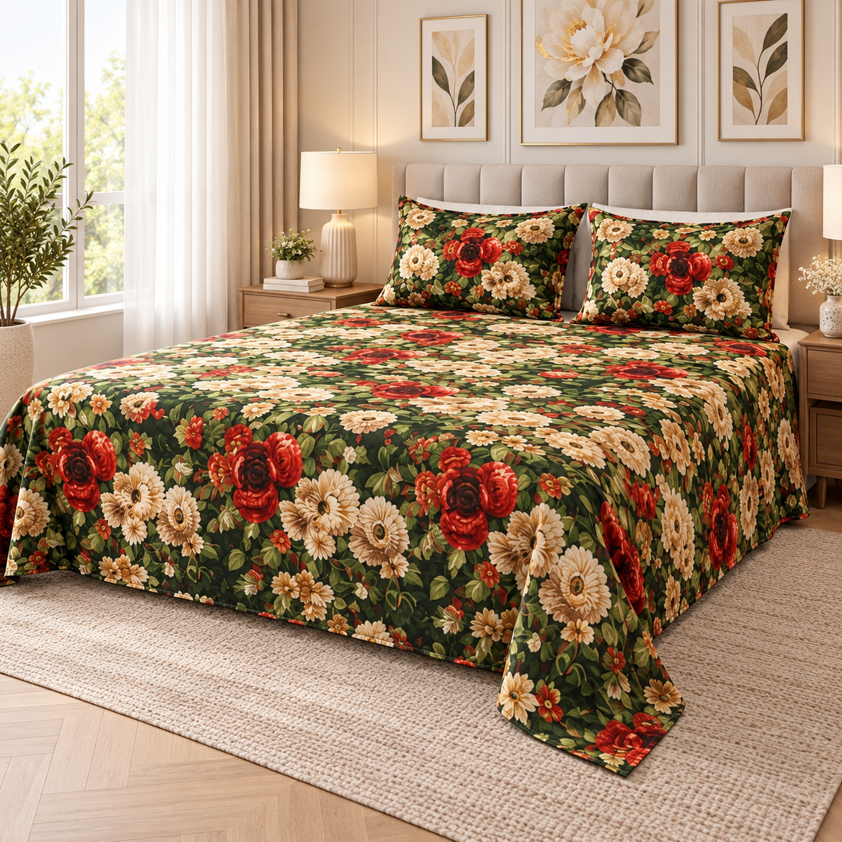Multicolor Dark-Green - King - 7D Design Flat Bedsheet (78×72 inches)