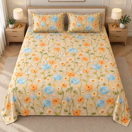 Multicolor-Mustard - King - 7D Design Fitted Bedsheet (78×72 inches)
