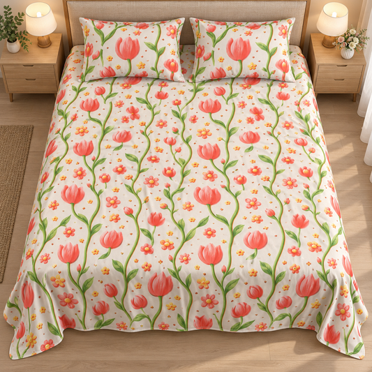 Multicolor-Red Lily - King - 7D Design Flat Bedsheet (78×72 inches)