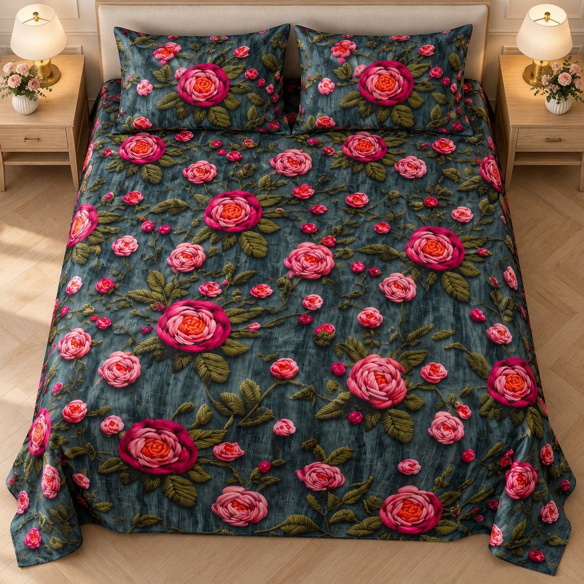 Multi-blue-pink- King - 7D Design Flat Bedsheet (78×72 inches)
