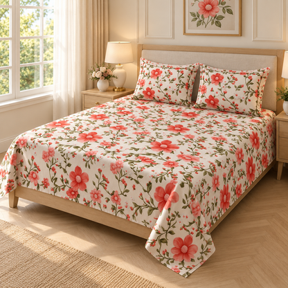 Multicolor-Red Rose King - 7D Design Flat Bedsheet (78×72 inches)