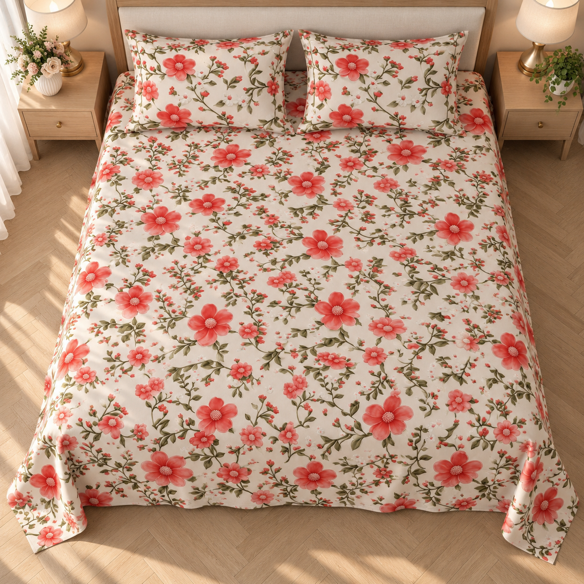 Multicolor-Red Rose King - 7D Design Flat Bedsheet (78×72 inches)