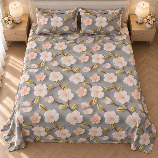 Multicolor-Grey Flora - King - 7D Design Fitted Bedsheet (78×72 inches)