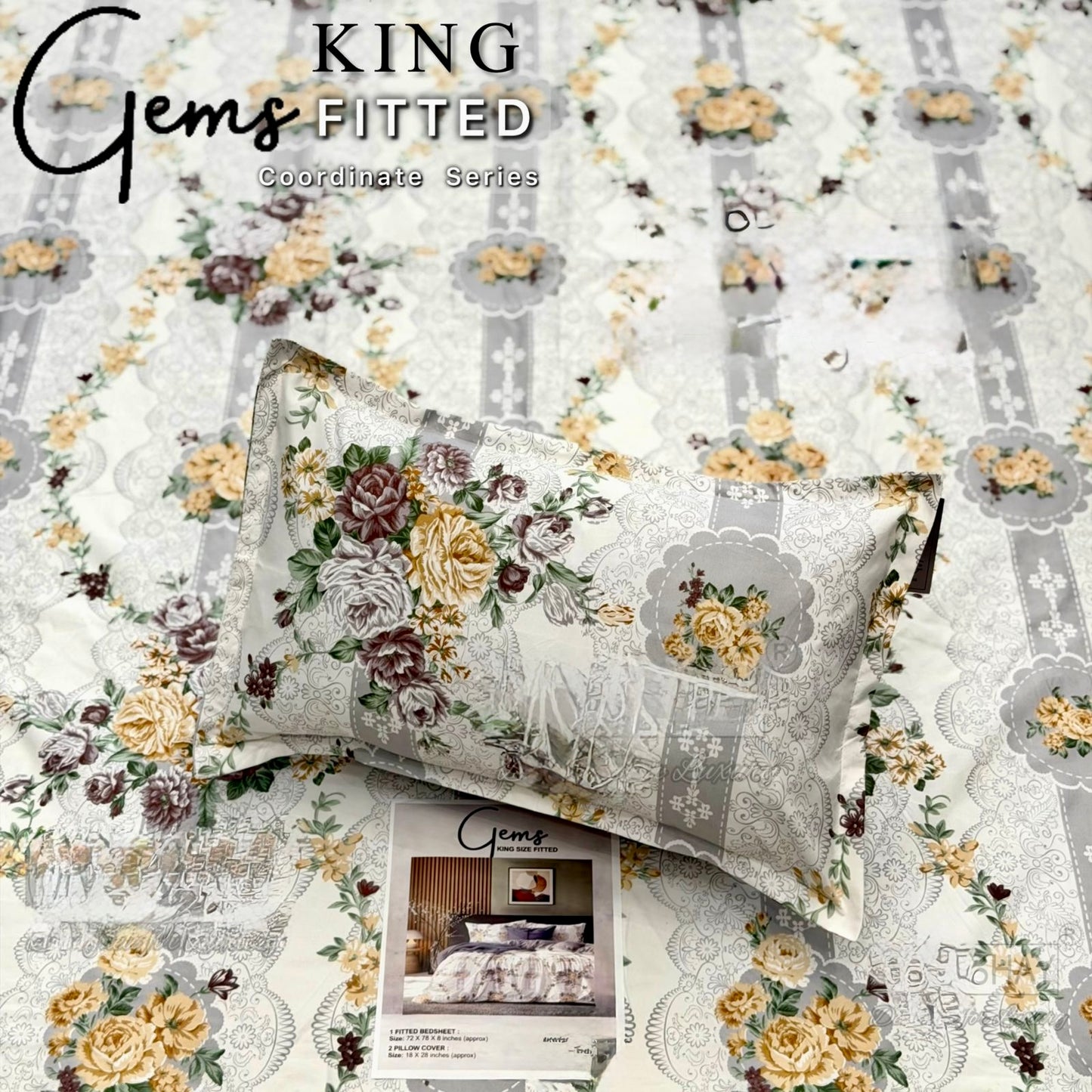 GEMS KING FITTED – 3PCS KING FITTED BEDSHEET SET (1+2)