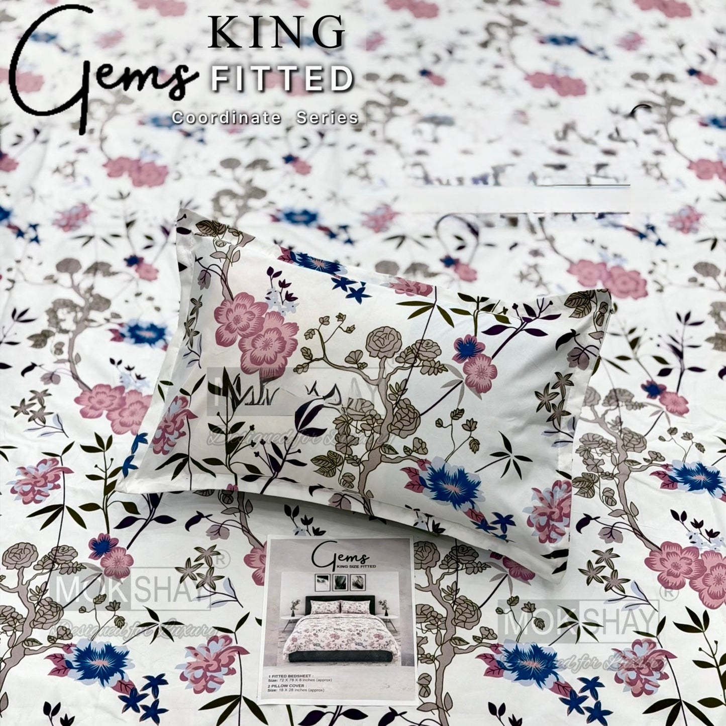 GEMS KING FITTED – 3PCS KING FITTED BEDSHEET SET (1+2)
